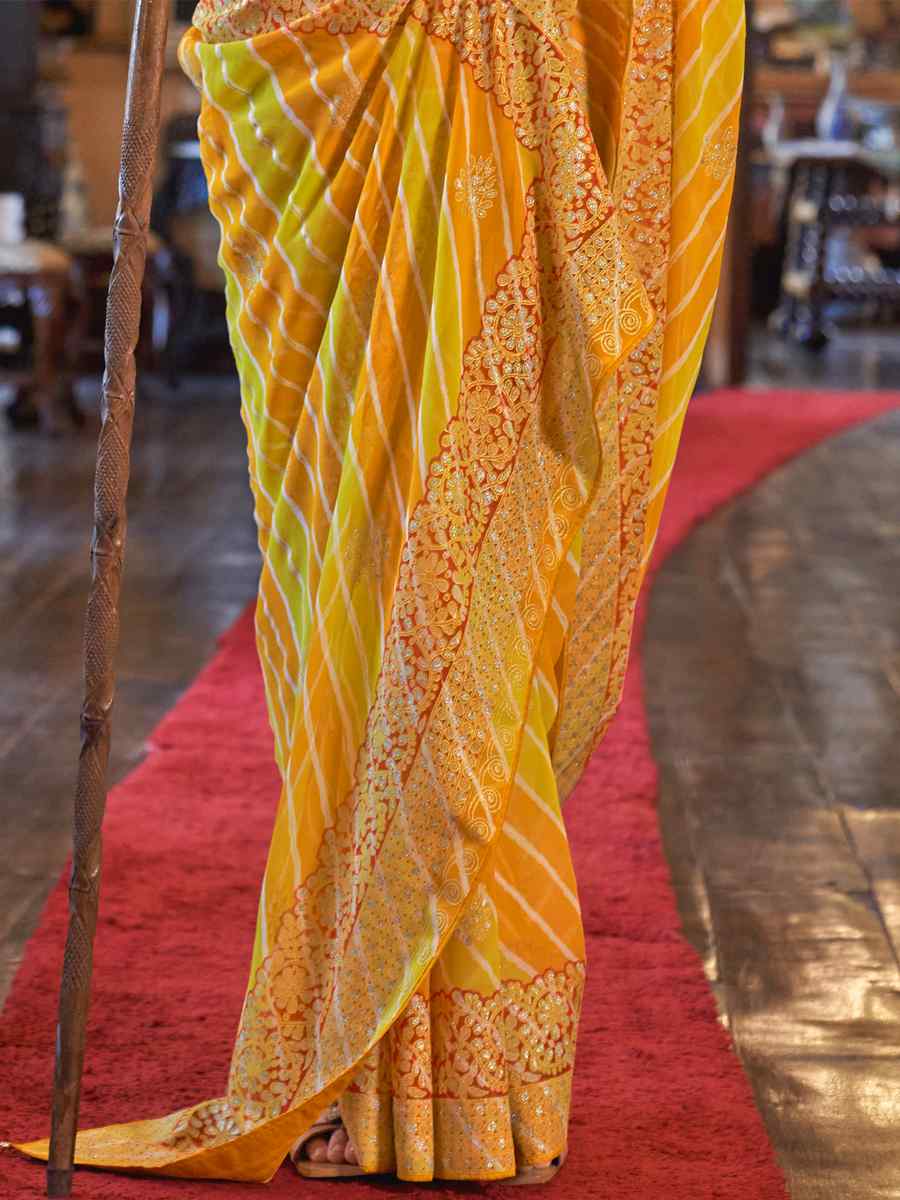 Yellow Super Georgette Handwoven Party Festival Heavy Border Saree