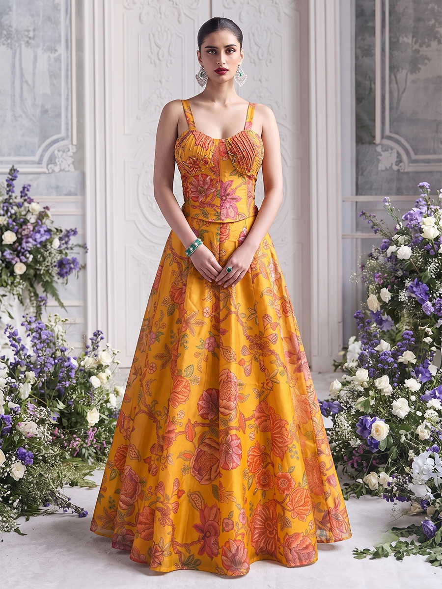 Yellow Tabby Organza Printed Wedding Reception Party Wear Festival Ready Contemporary Lehenga Choli