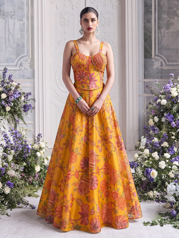 Image of Yellow Tabby Organza Printed Wedding Reception Party Wear Festival Ready Contemporary Lehenga Choli
