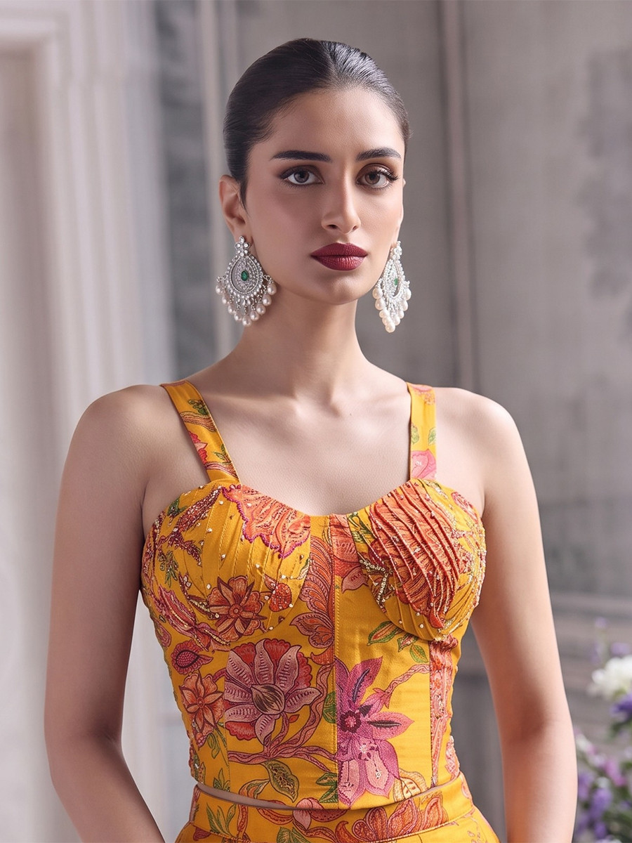 Yellow Tabby Organza Printed Wedding Reception Party Wear Festival Ready Contemporary Lehenga Choli