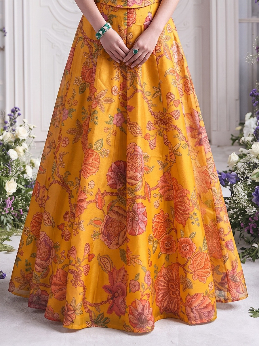 Yellow Tabby Organza Printed Wedding Reception Party Wear Festival Ready Contemporary Lehenga Choli