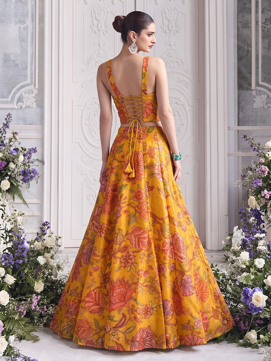 Yellow Tabby Organza Printed Wedding Reception Party Wear Festival Ready Contemporary Lehenga Choli