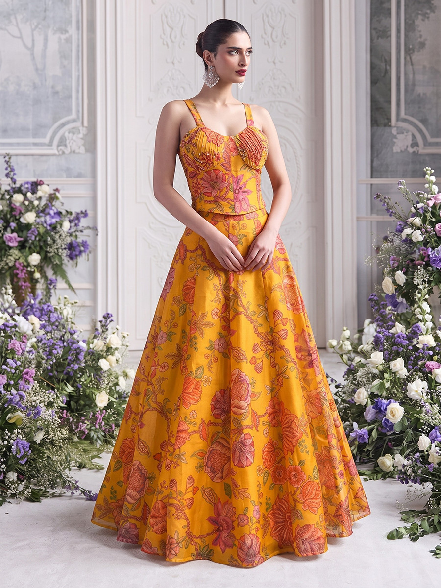 Yellow Tabby Organza Printed Wedding Reception Party Wear Festival Ready Contemporary Lehenga Choli