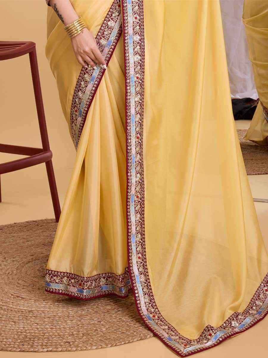 Yellow Taby Organza Silk Embroidered Bridesmaid Reception Heavy Border Saree