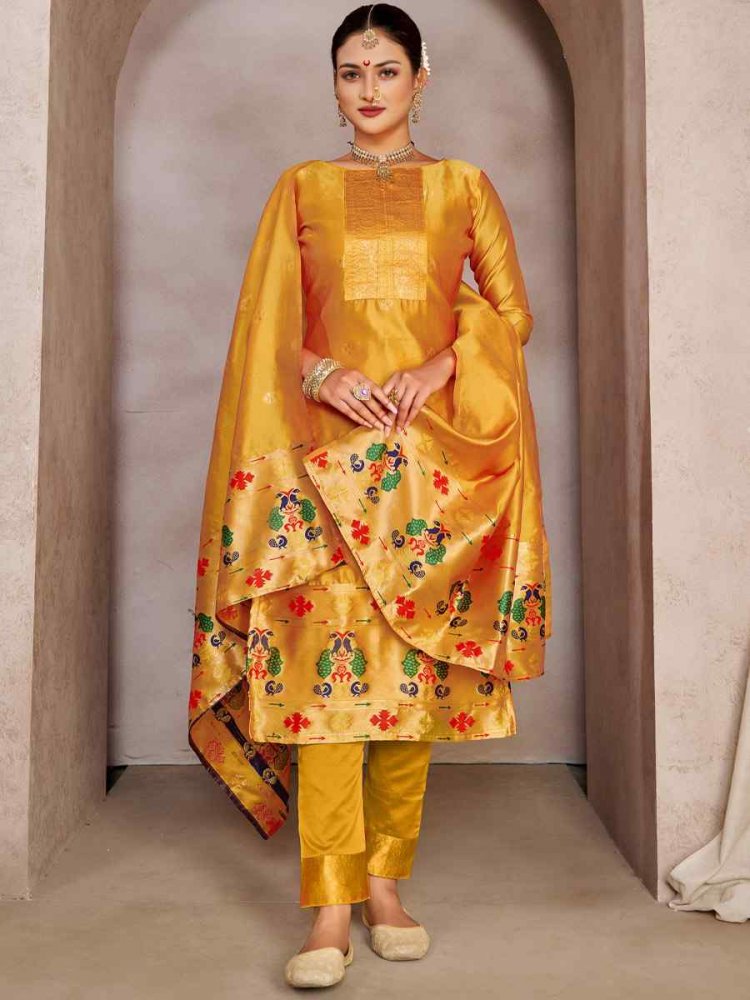 Yellow Tapeta Silk Embroidered Casual Festival Pant Salwar Kameez