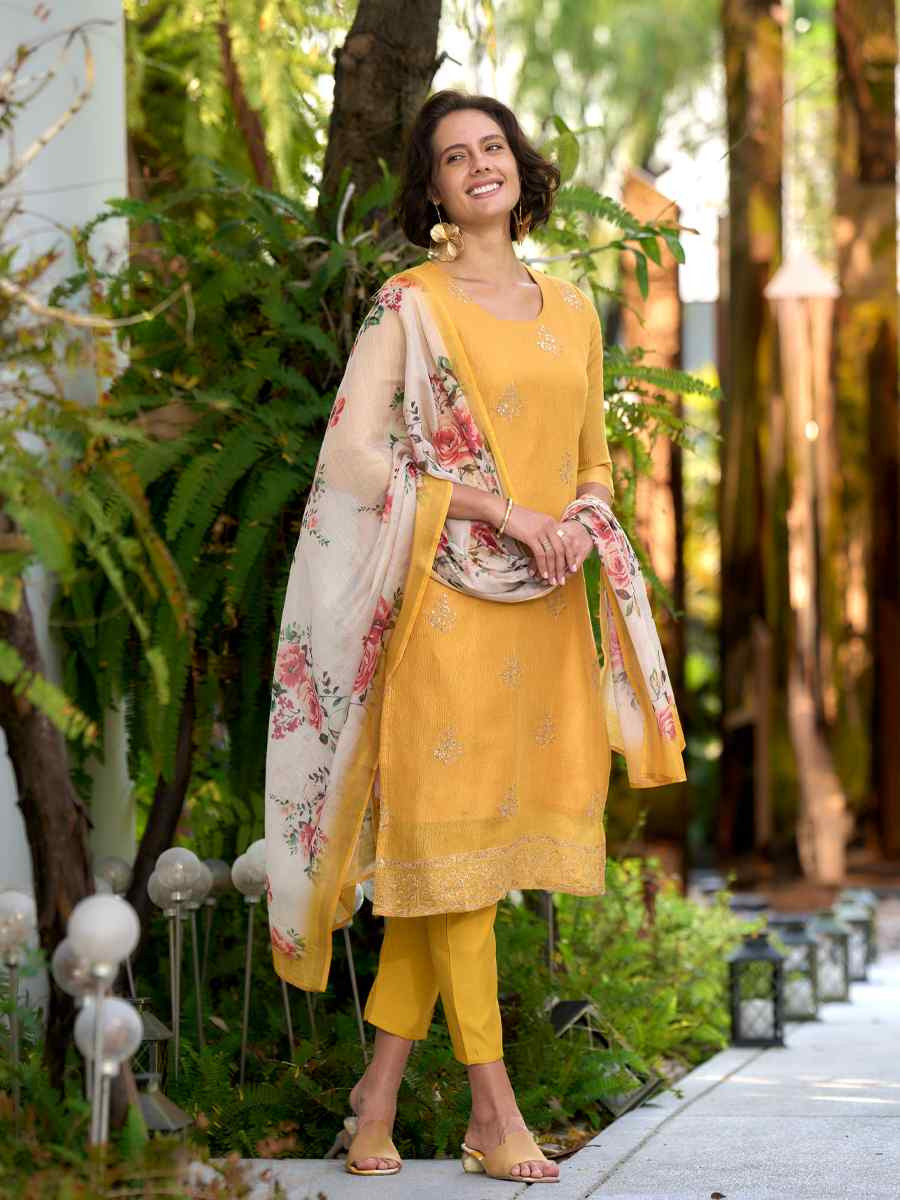 Yellow Tissue Embroidered Party Wedding Ready Pant Salwar Kameez