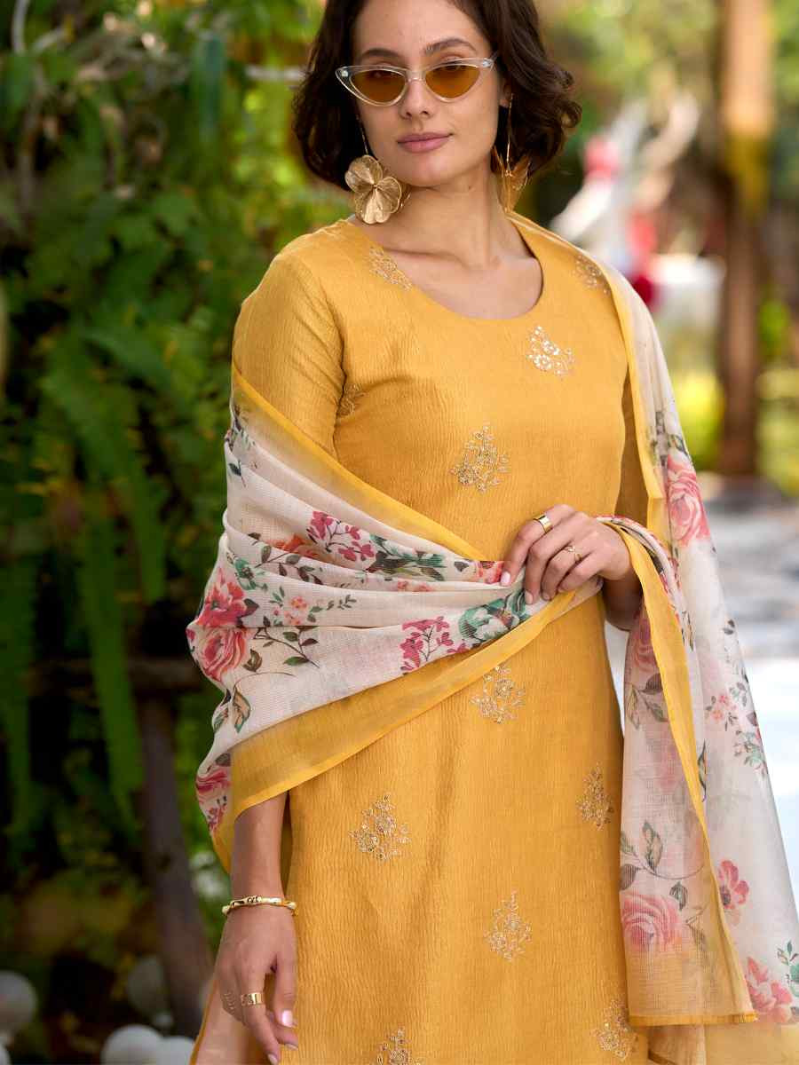 Yellow Tissue Embroidered Party Wedding Ready Pant Salwar Kameez