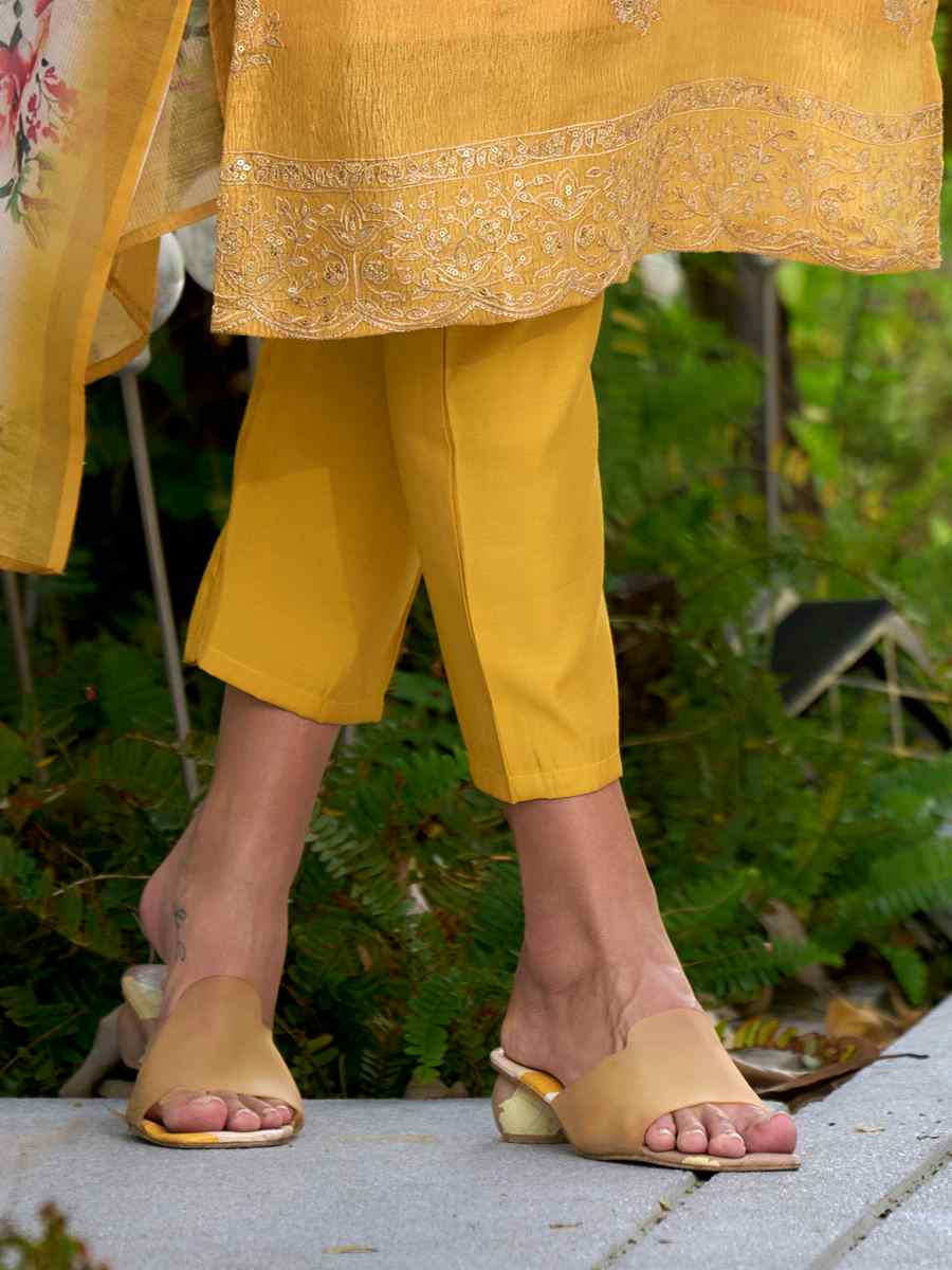 Yellow Tissue Embroidered Party Wedding Ready Pant Salwar Kameez