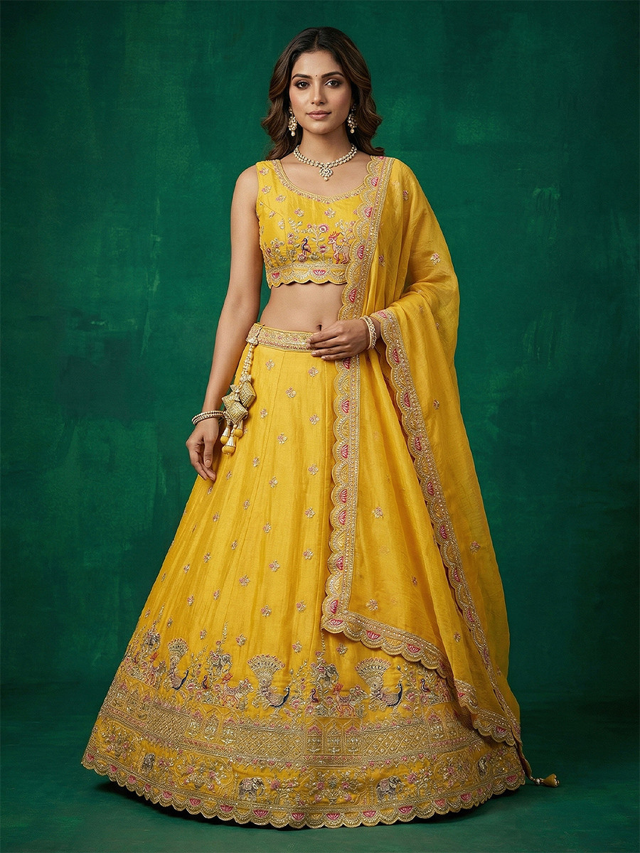 Yellow Tissue Embroidery Wedding Reception Party Festival Heavy Border Lehenga Choli