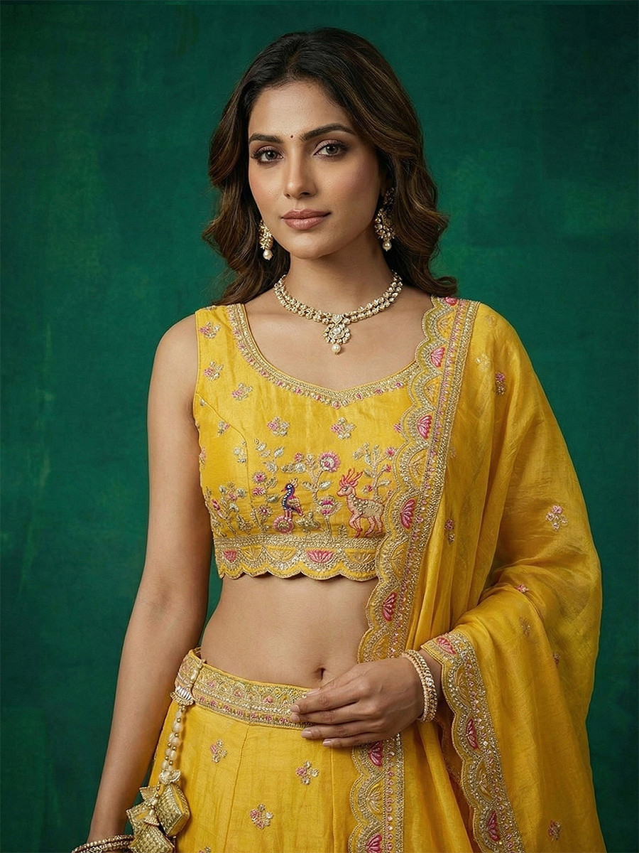 Yellow Tissue Embroidery Wedding Reception Party Festival Heavy Border Lehenga Choli