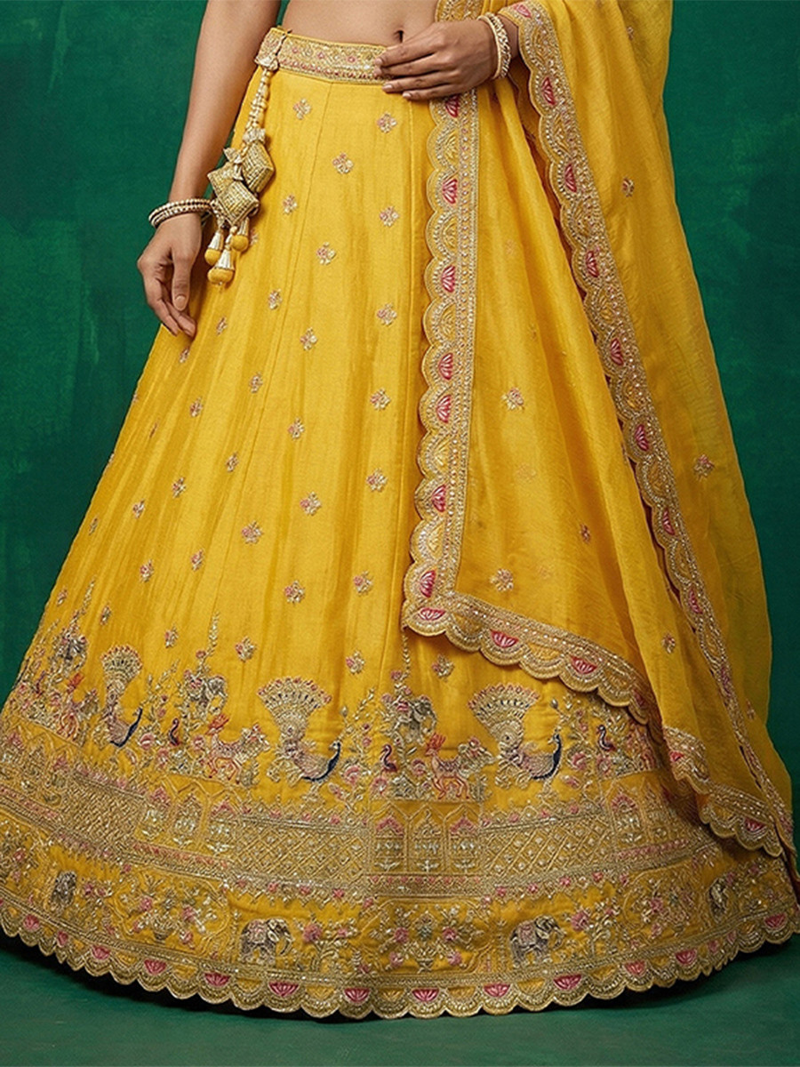 Yellow Tissue Embroidery Wedding Reception Party Festival Heavy Border Lehenga Choli