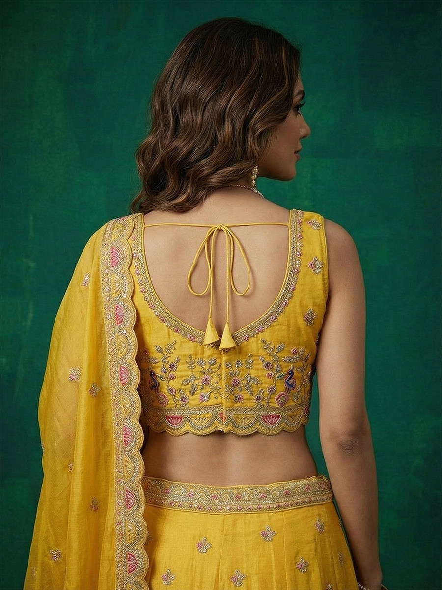 Yellow Tissue Embroidery Wedding Reception Party Festival Heavy Border Lehenga Choli