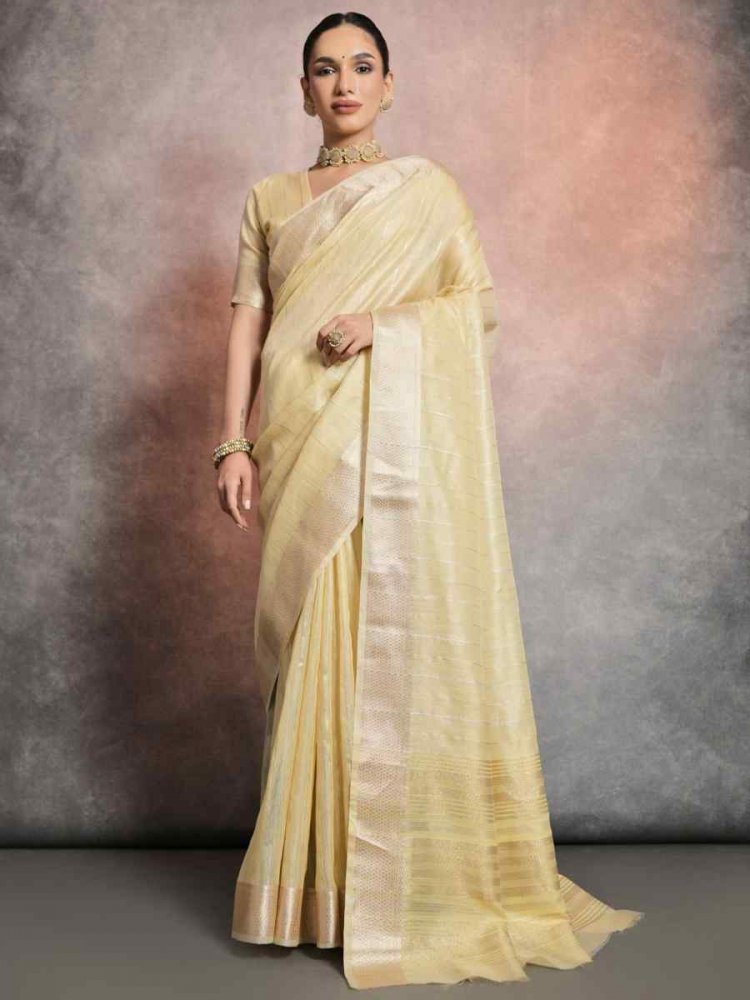 Yellow Tissue Linen Handwoven Casual Festival Classic Style Saree