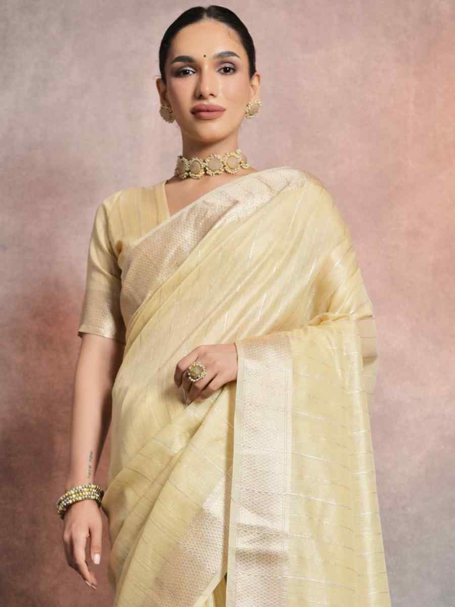 Yellow Tissue Linen Handwoven Casual Festival Classic Style Saree