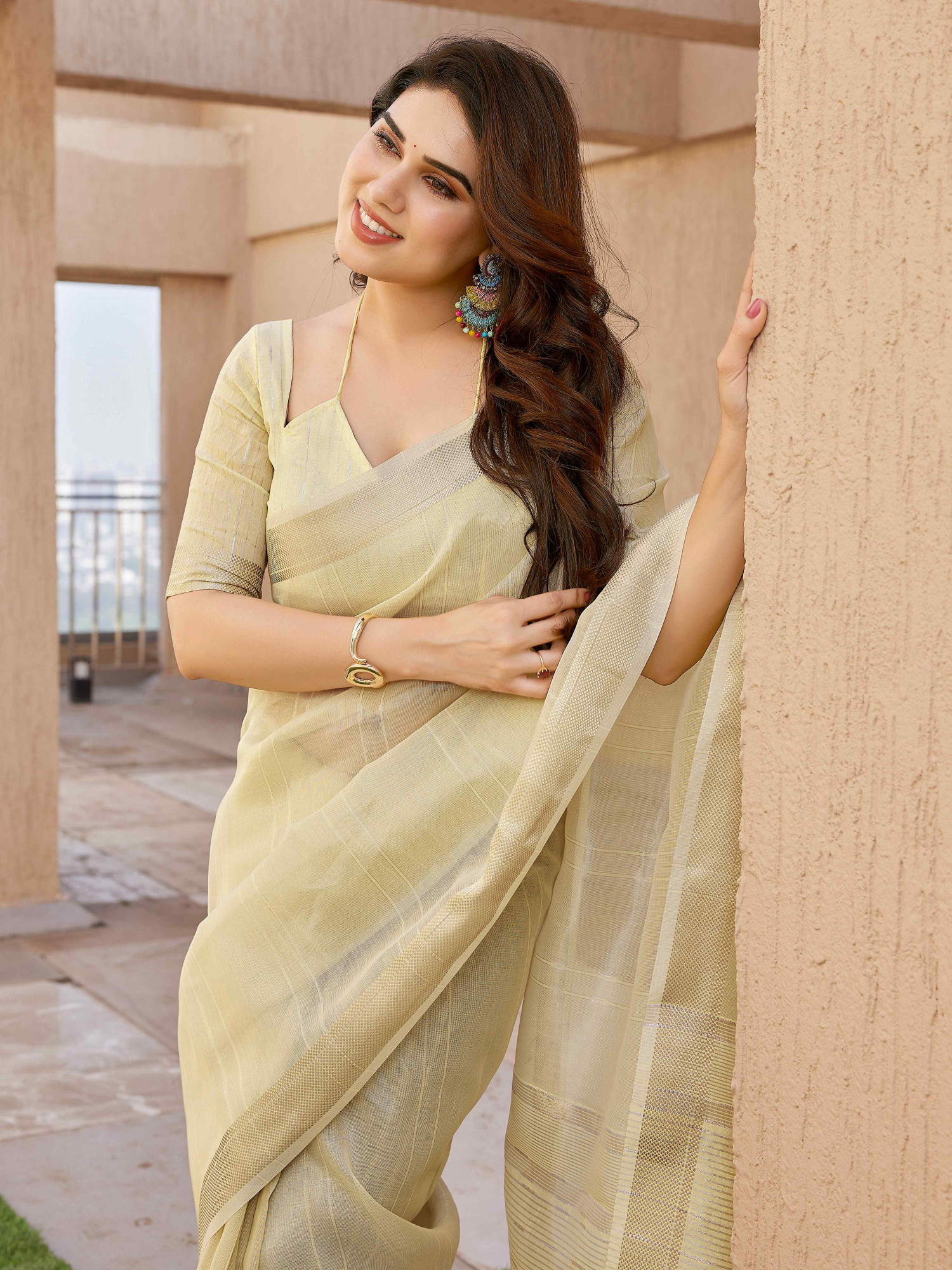 Yellow Tissue Linen Silk Zari Handwoven Casual Reception Festival Wedding Fancy Classic Style Sarees