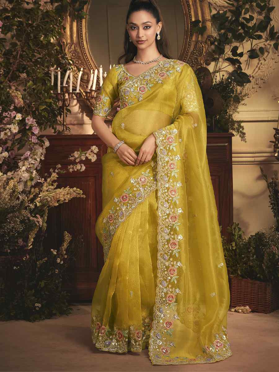 Yellow Tissue Organza Embroidery Traditional Bridal Reception Festival Wedding Fancy Heavy Border Saree