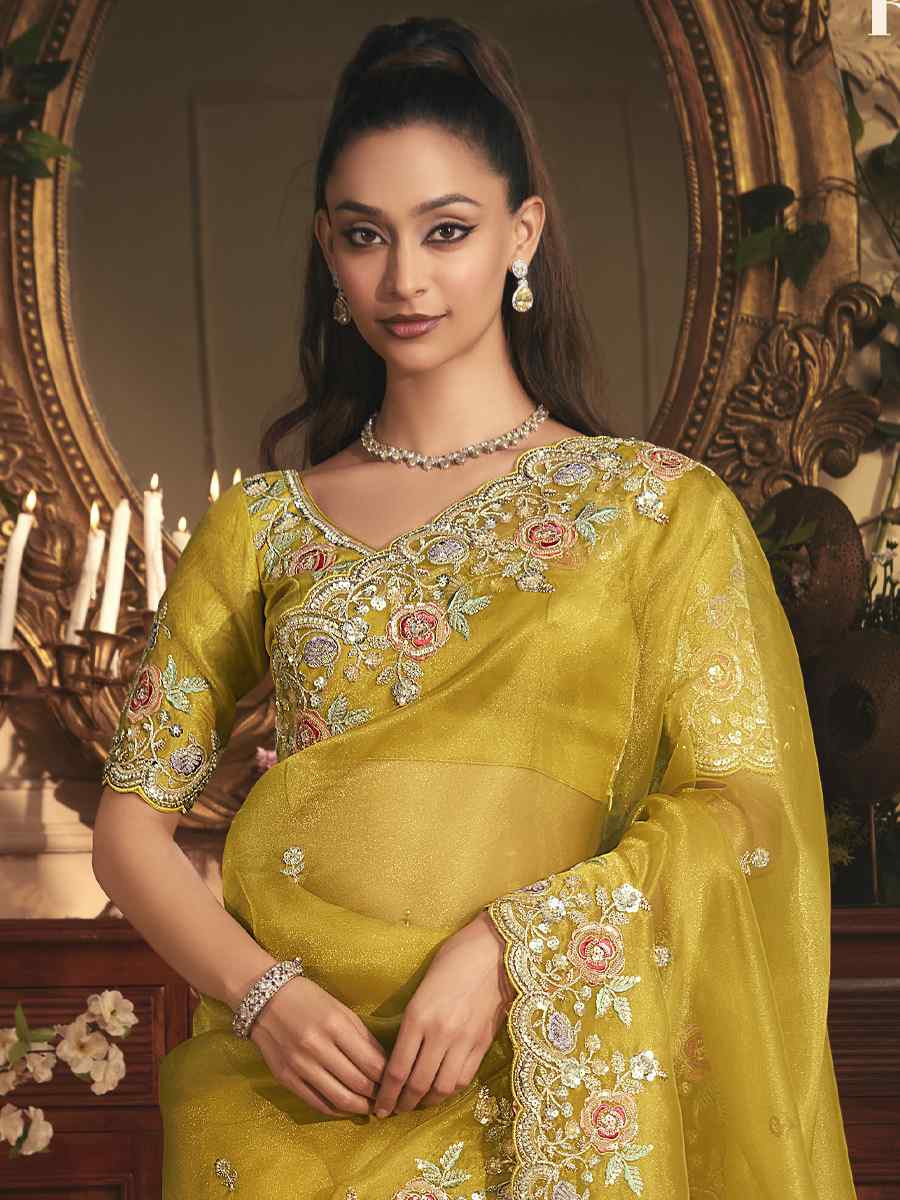 Yellow Tissue Organza Embroidery Traditional Bridal Reception Festival Wedding Fancy Heavy Border Saree