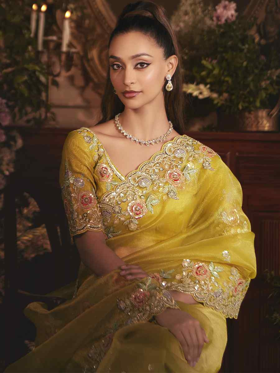 Yellow Tissue Organza Embroidery Traditional Bridal Reception Festival Wedding Fancy Heavy Border Saree