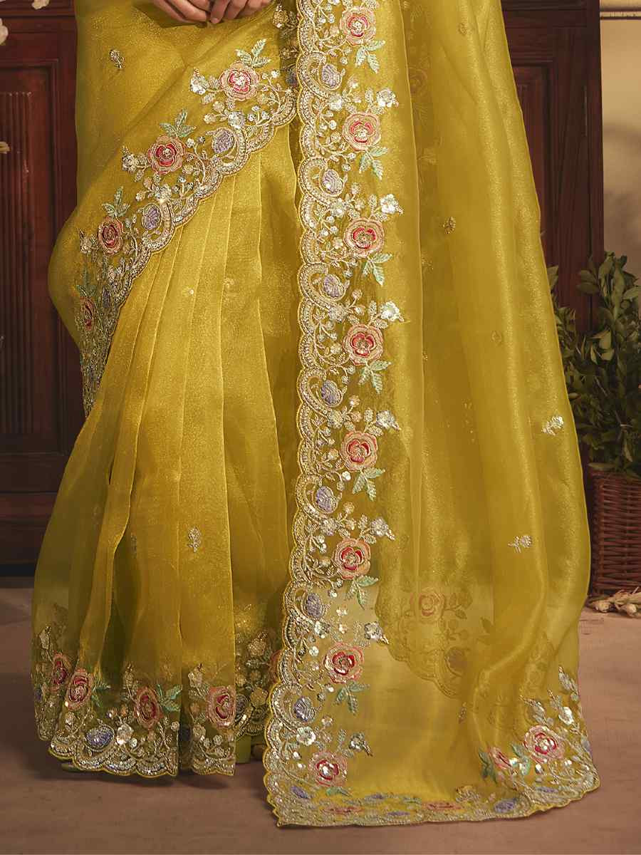 Yellow Tissue Organza Embroidery Traditional Bridal Reception Festival Wedding Fancy Heavy Border Saree