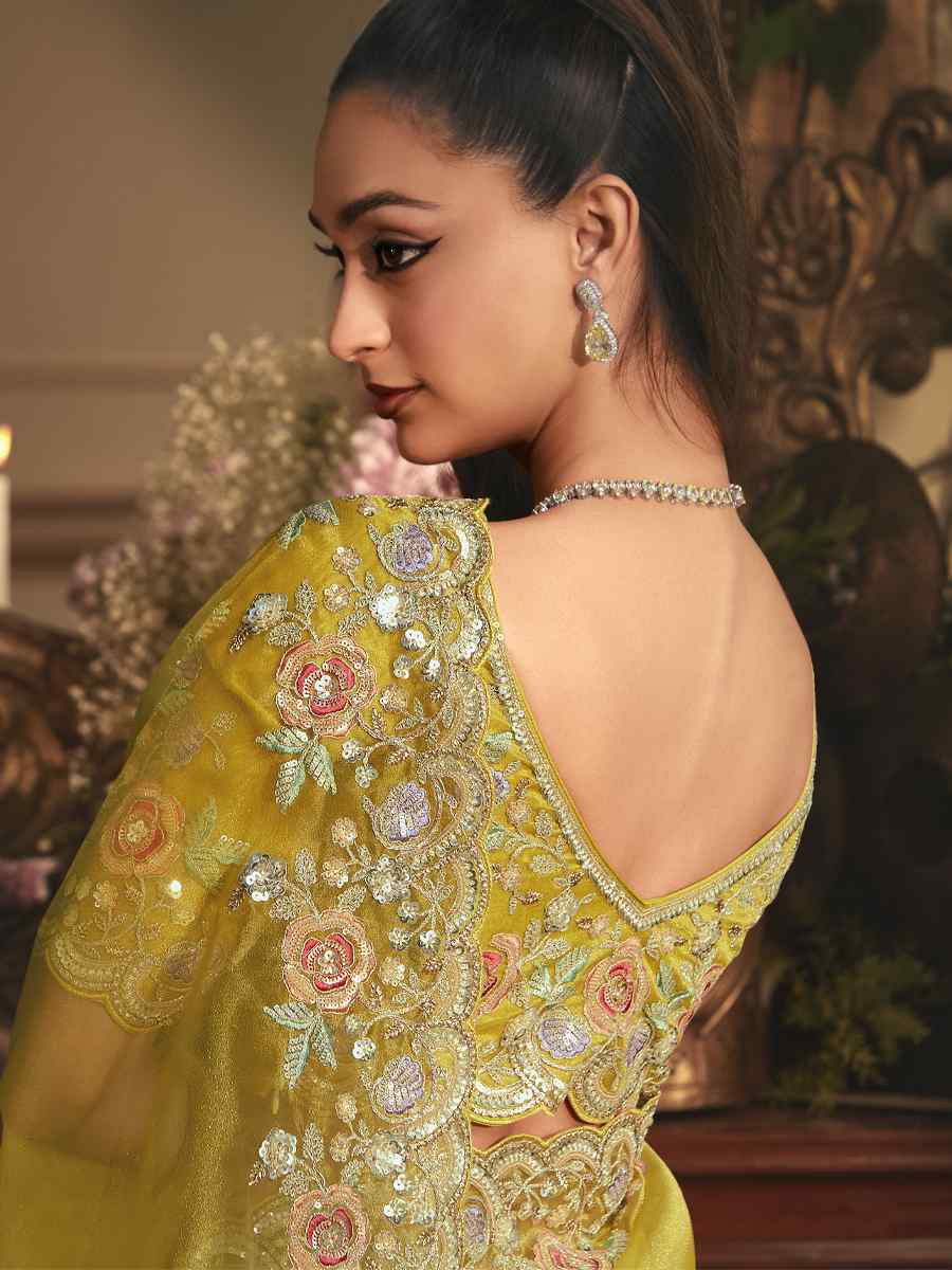Yellow Tissue Organza Embroidery Traditional Bridal Reception Festival Wedding Fancy Heavy Border Saree