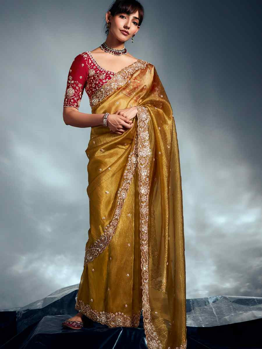 Yellow Tissue Organza Silk Embroidery Bridal Cocktail Party Reception Wedding Wear Heavy Border Sarees