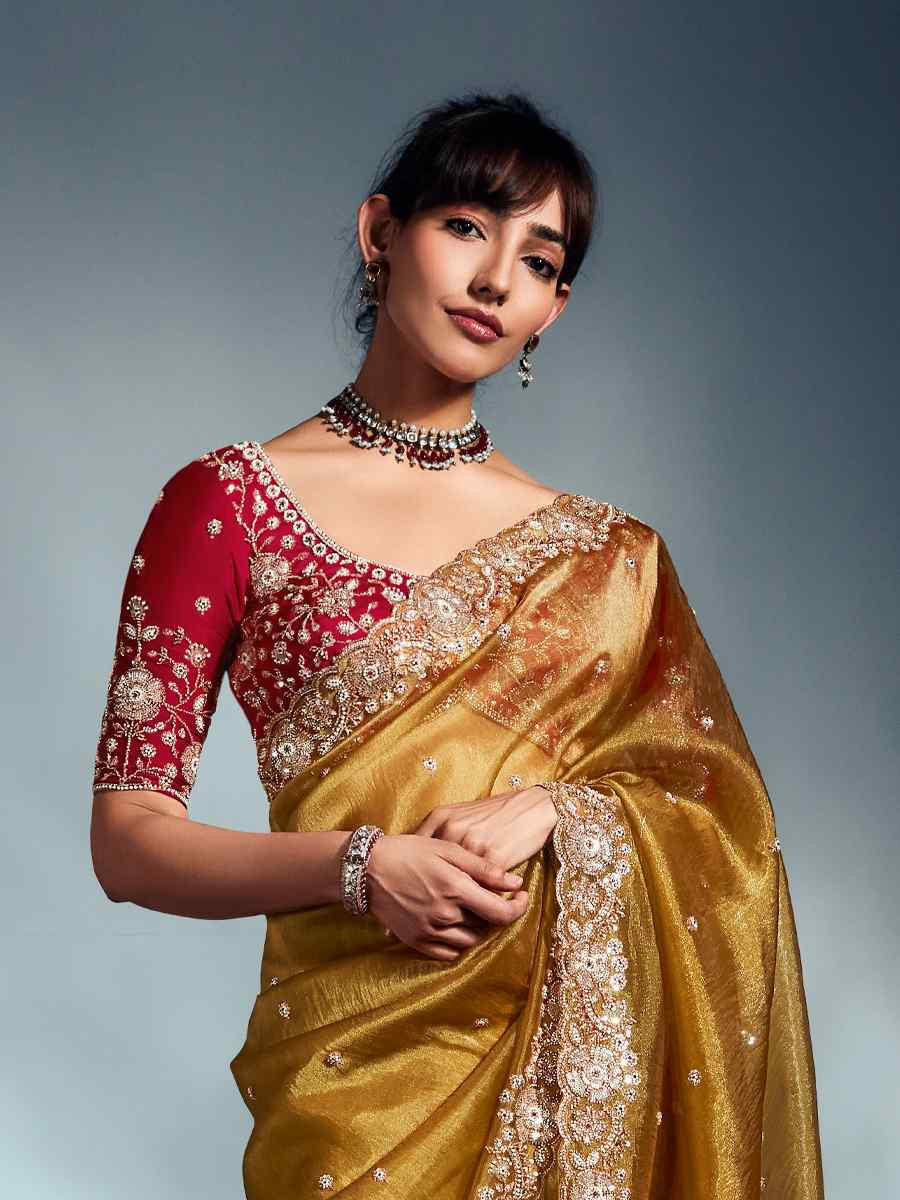 Yellow Tissue Organza Silk Embroidery Bridal Cocktail Party Reception Wedding Wear Heavy Border Sarees