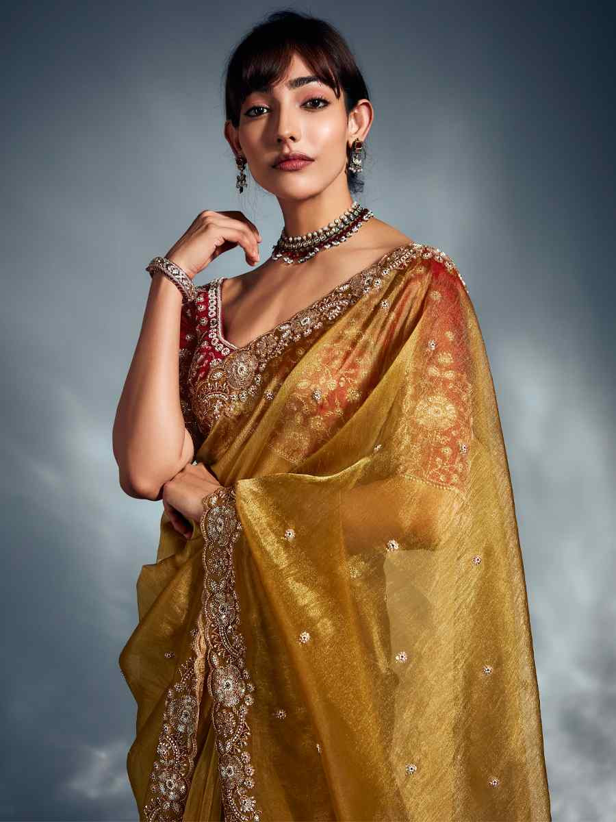 Yellow Tissue Organza Silk Embroidery Bridal Cocktail Party Reception Wedding Wear Heavy Border Sarees