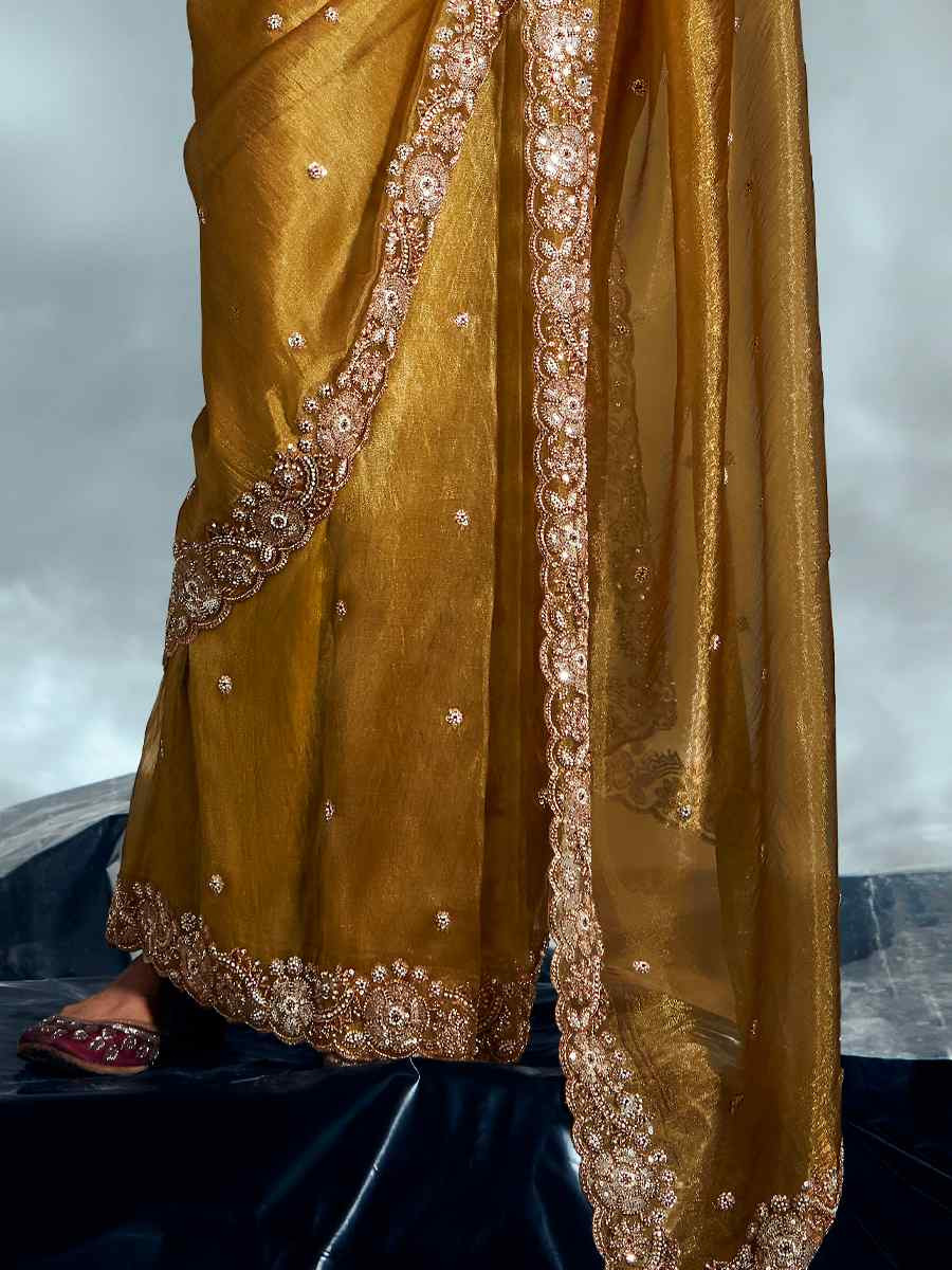 Yellow Tissue Organza Silk Embroidery Bridal Cocktail Party Reception Wedding Wear Heavy Border Sarees