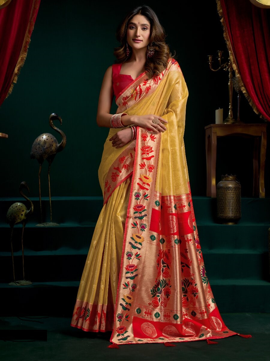 Yellow Tissue Paithani Silk Embroidery Wedding Reception Party Festival Heavy Border Sarees