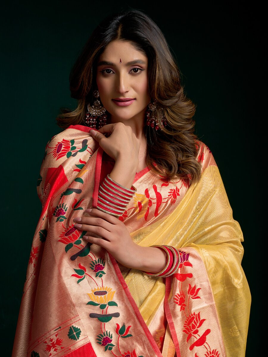Yellow Tissue Paithani Silk Embroidery Wedding Reception Party Festival Heavy Border Sarees