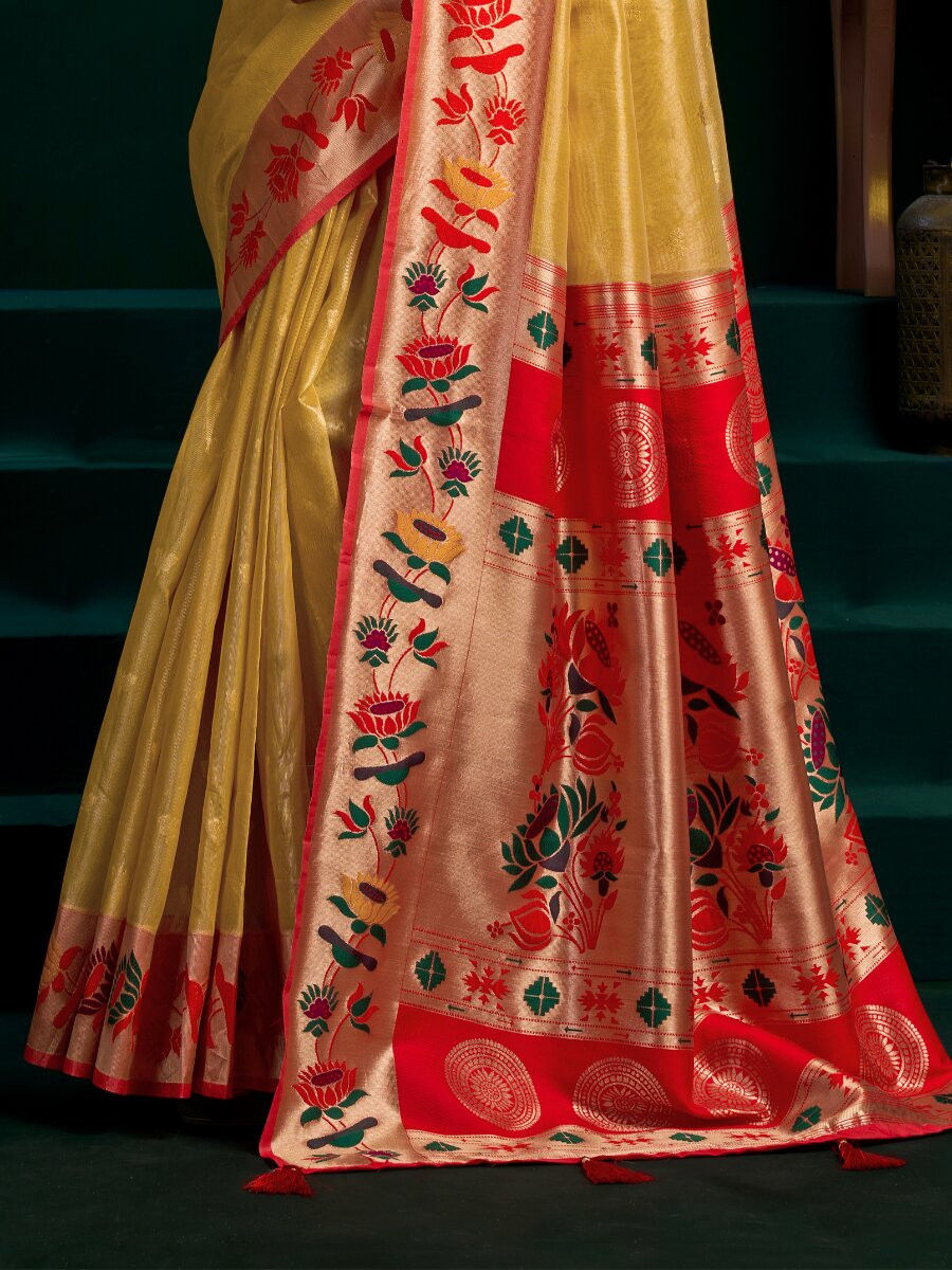 Yellow Tissue Paithani Silk Embroidery Wedding Reception Party Festival Heavy Border Sarees
