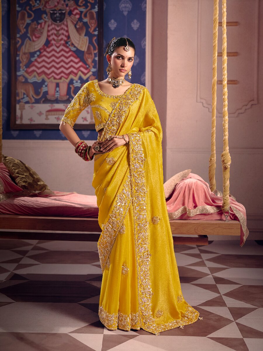 Yellow Tissue Silk Embroidery Sequins Zari Wedding Party Festival Casual Heavy Border Sarees
