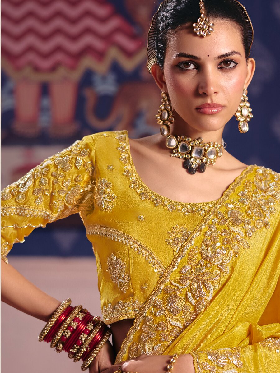 Yellow Tissue Silk Embroidery Sequins Zari Wedding Party Festival Casual Heavy Border Sarees