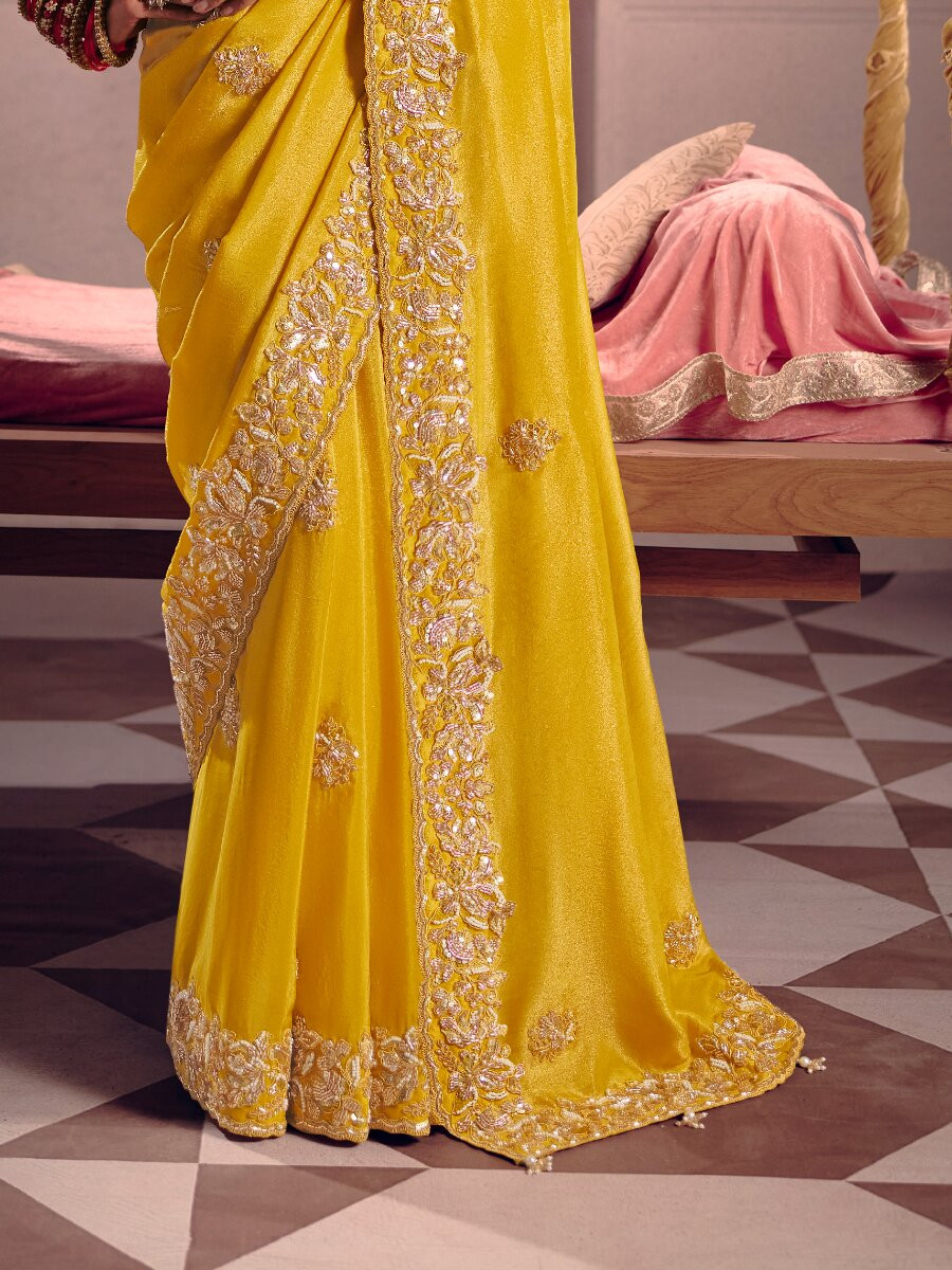 Yellow Tissue Silk Embroidery Sequins Zari Wedding Party Festival Casual Heavy Border Sarees