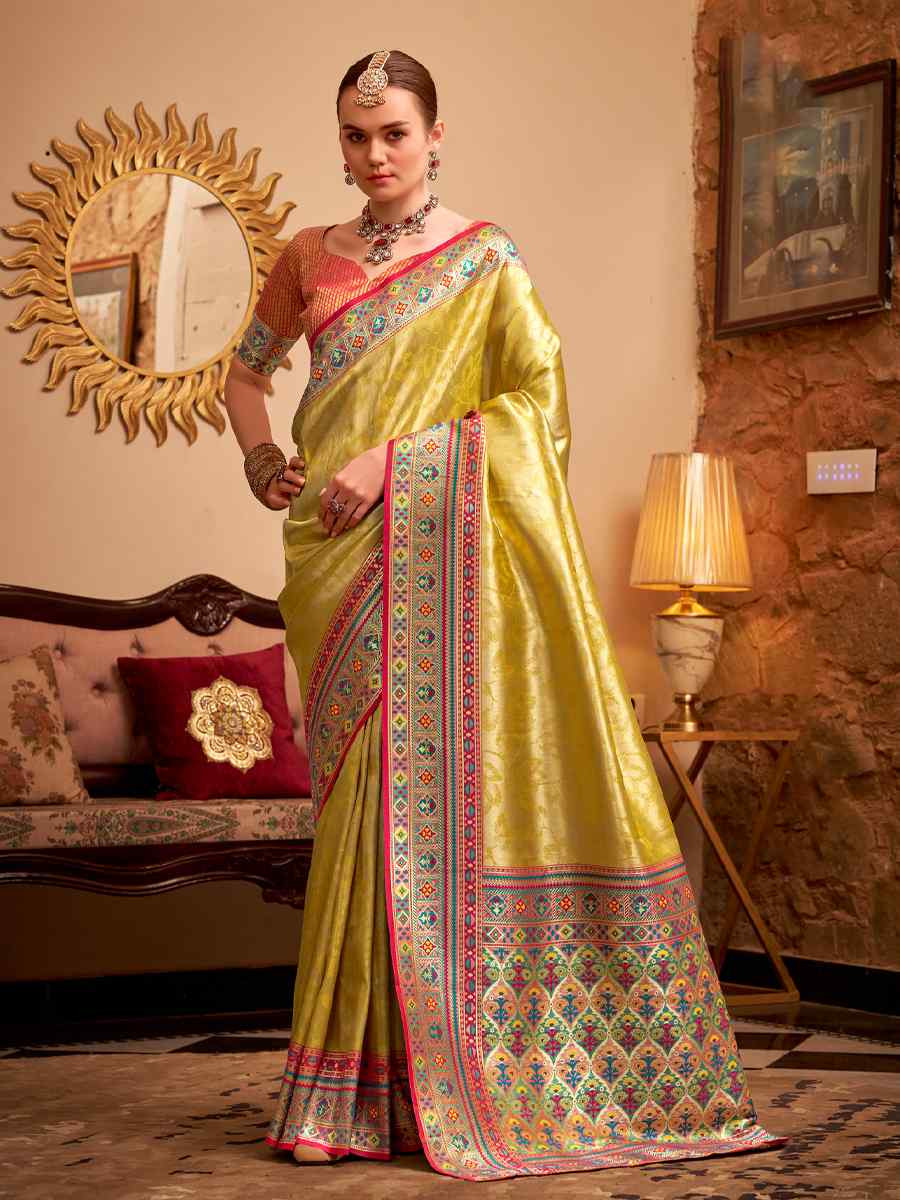 Yellow Tissue Silk Handwoven Traditional Bridal Reception Festival Wedding Fancy Heavy Border Saree