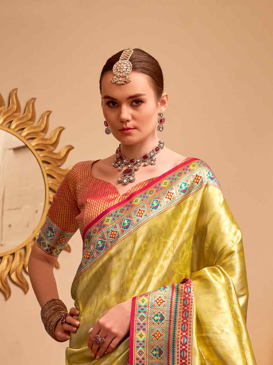Yellow Tissue Silk Handwoven Traditional Bridal Reception Festival Wedding Fancy Heavy Border Saree