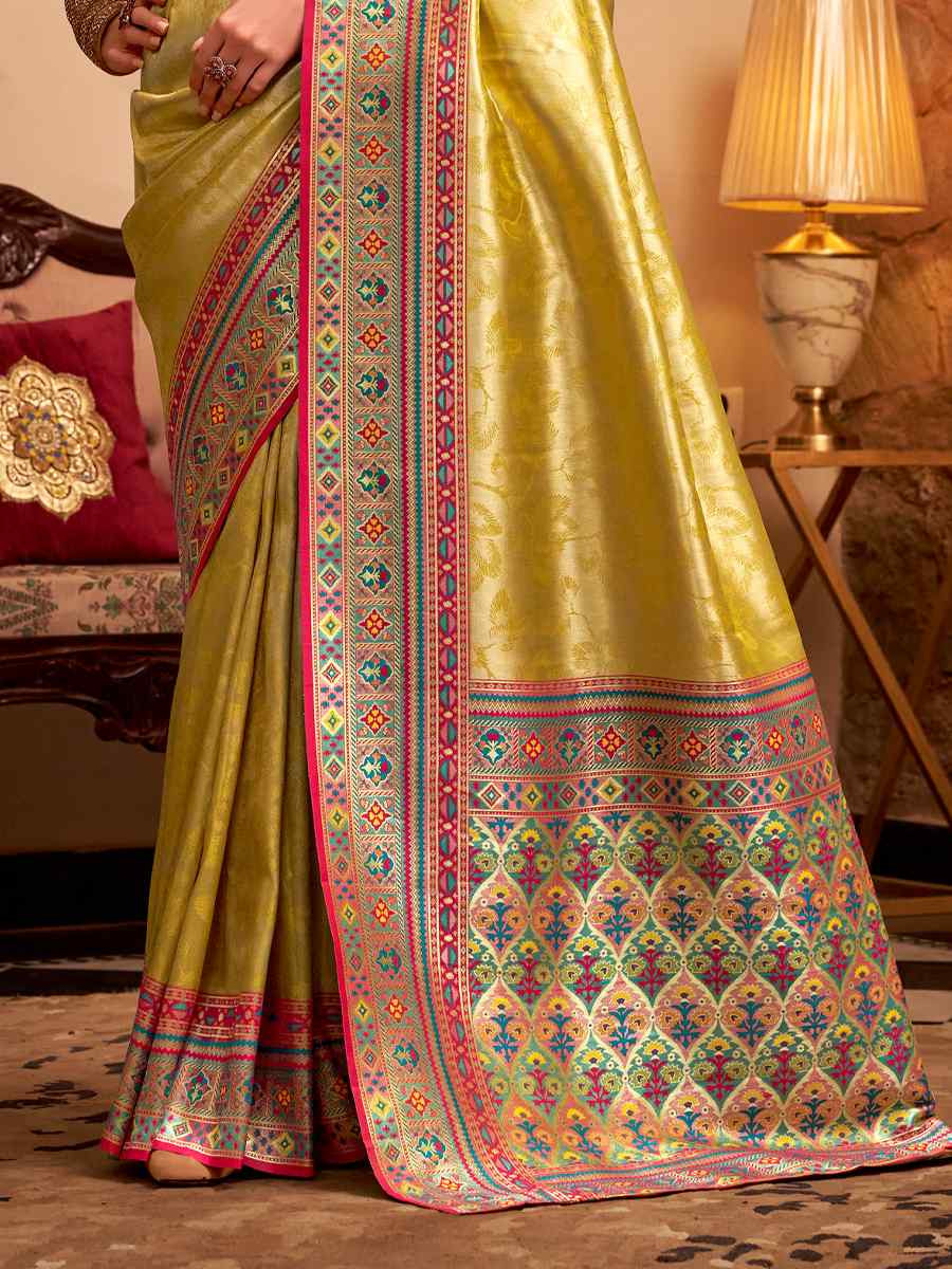 Yellow Tissue Silk Handwoven Traditional Bridal Reception Festival Wedding Fancy Heavy Border Saree