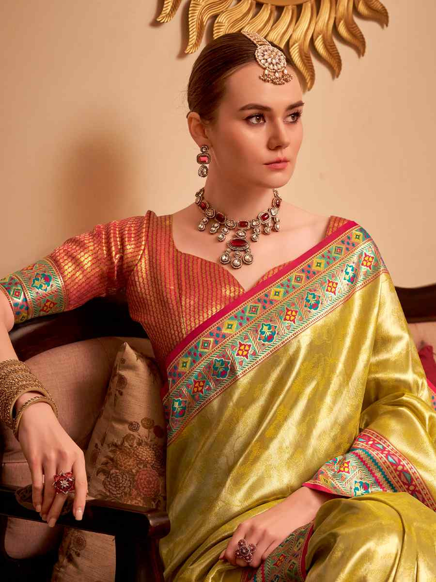 Yellow Tissue Silk Handwoven Traditional Bridal Reception Festival Wedding Fancy Heavy Border Saree