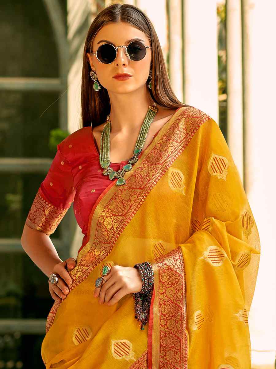 Yellow Tissue Silk Handwoven Wedding Festival Heavy Border Saree