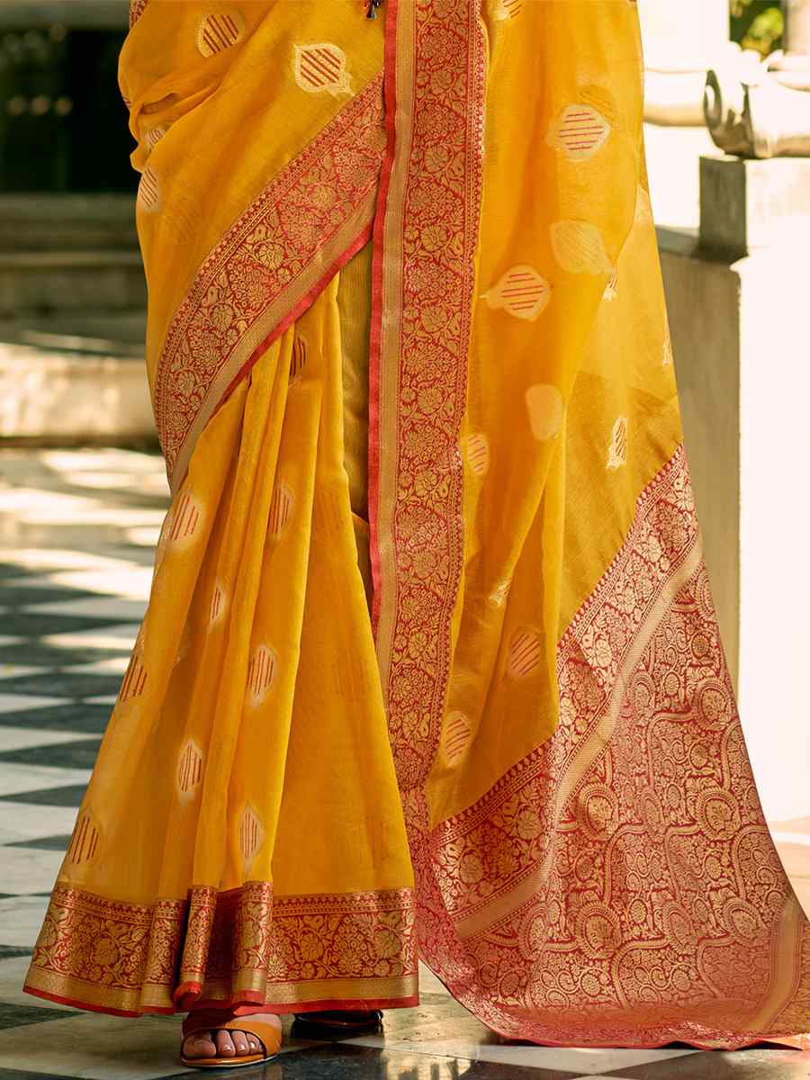 Yellow Tissue Silk Handwoven Wedding Festival Heavy Border Saree