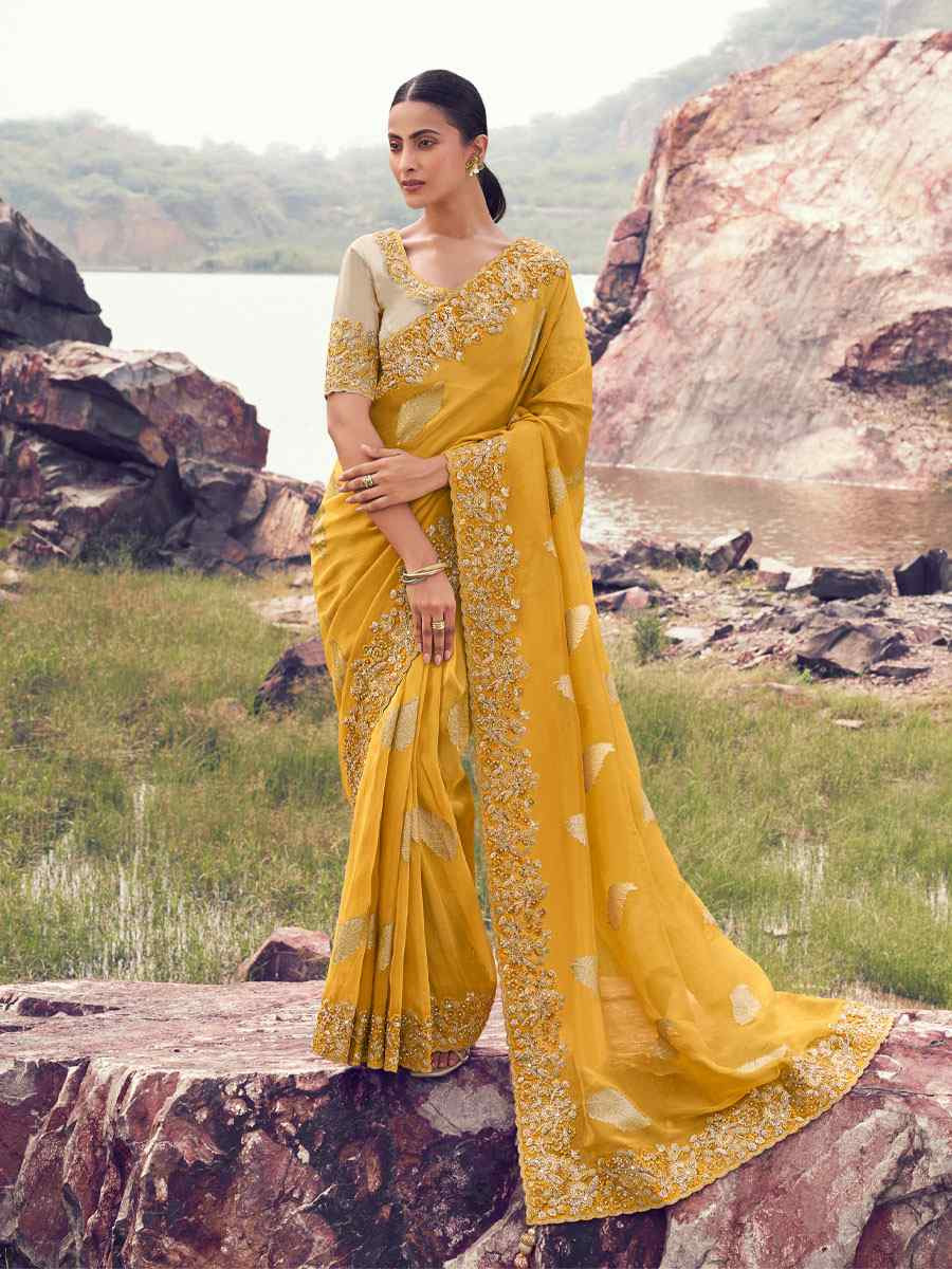 Yellow Tissue Silk With Jacquard Embroidery Bridal Reception Festival Wedding Fancy Heavy Border Saree
