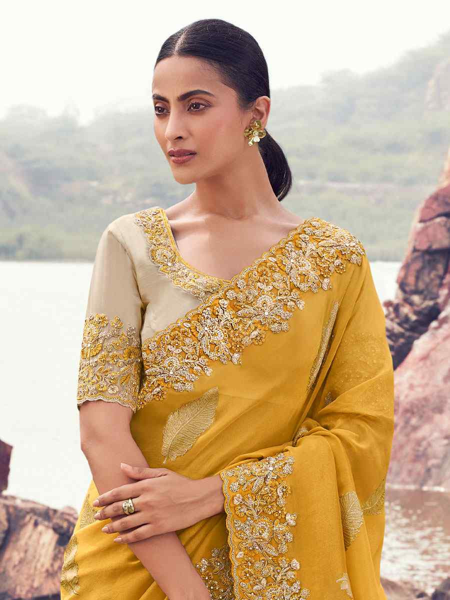 Yellow Tissue Silk With Jacquard Embroidery Bridal Reception Festival Wedding Fancy Heavy Border Saree
