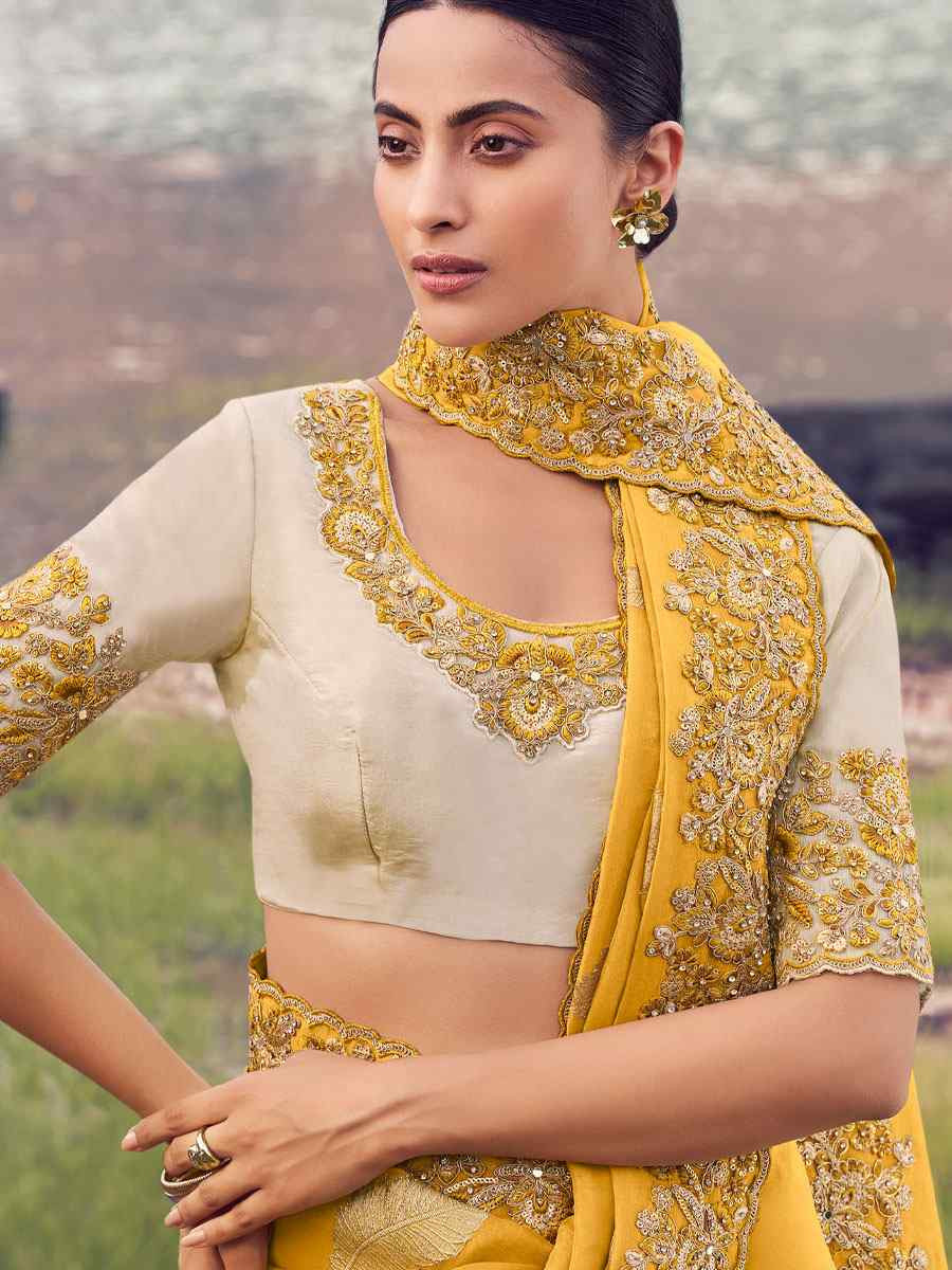 Yellow Tissue Silk With Jacquard Embroidery Bridal Reception Festival Wedding Fancy Heavy Border Saree