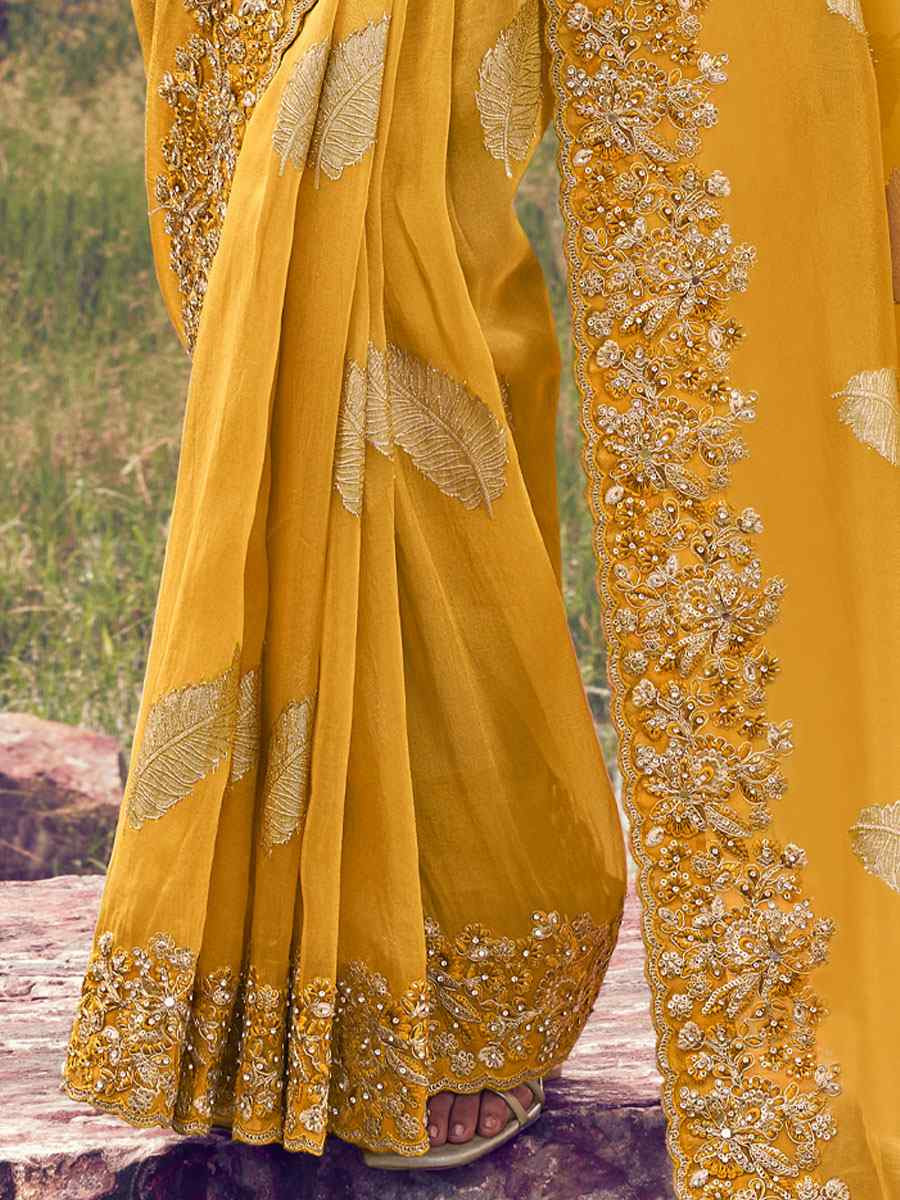 Yellow Tissue Silk With Jacquard Embroidery Bridal Reception Festival Wedding Fancy Heavy Border Saree