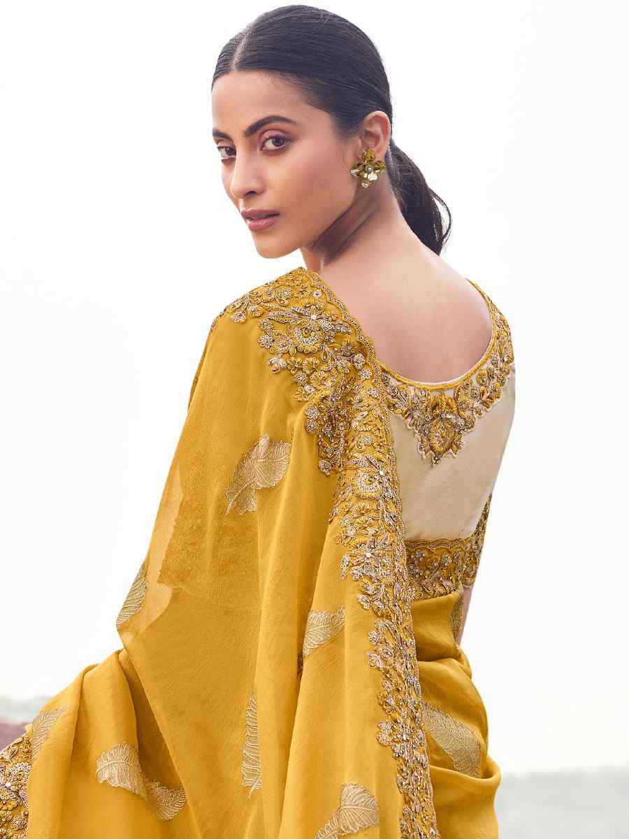 Yellow Tissue Silk With Jacquard Embroidery Bridal Reception Festival Wedding Fancy Heavy Border Saree