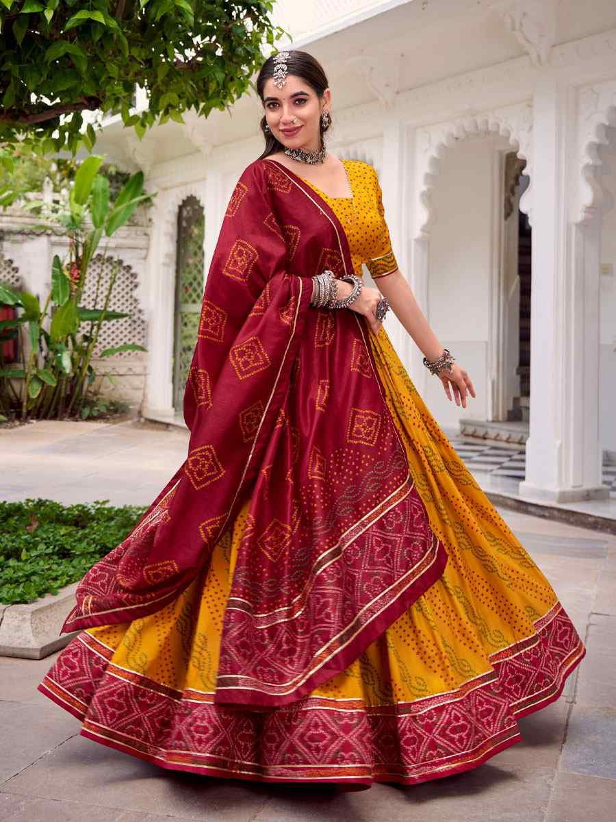 Yellow Tussar Silk Bhandej Printed Handwoven Festival Wedding Party Reception Heavy Border Lehenga Choli