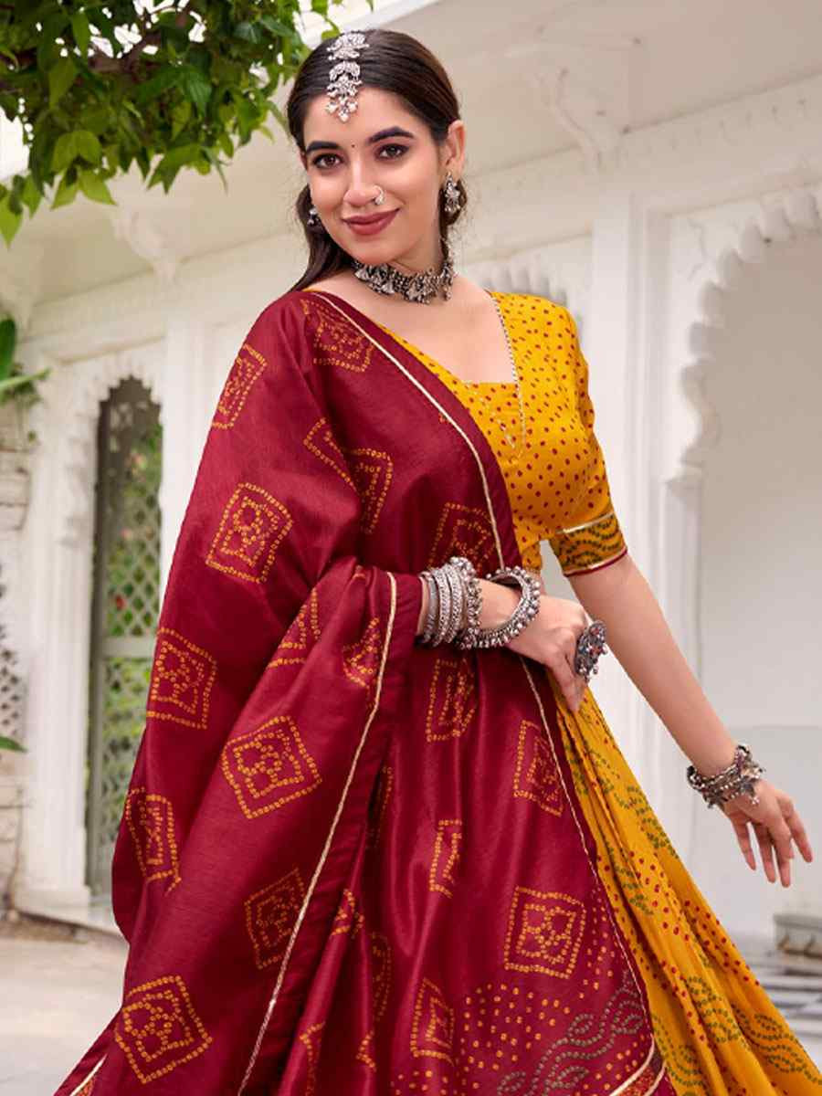 Yellow Tussar Silk Bhandej Printed Handwoven Festival Wedding Party Reception Heavy Border Lehenga Choli