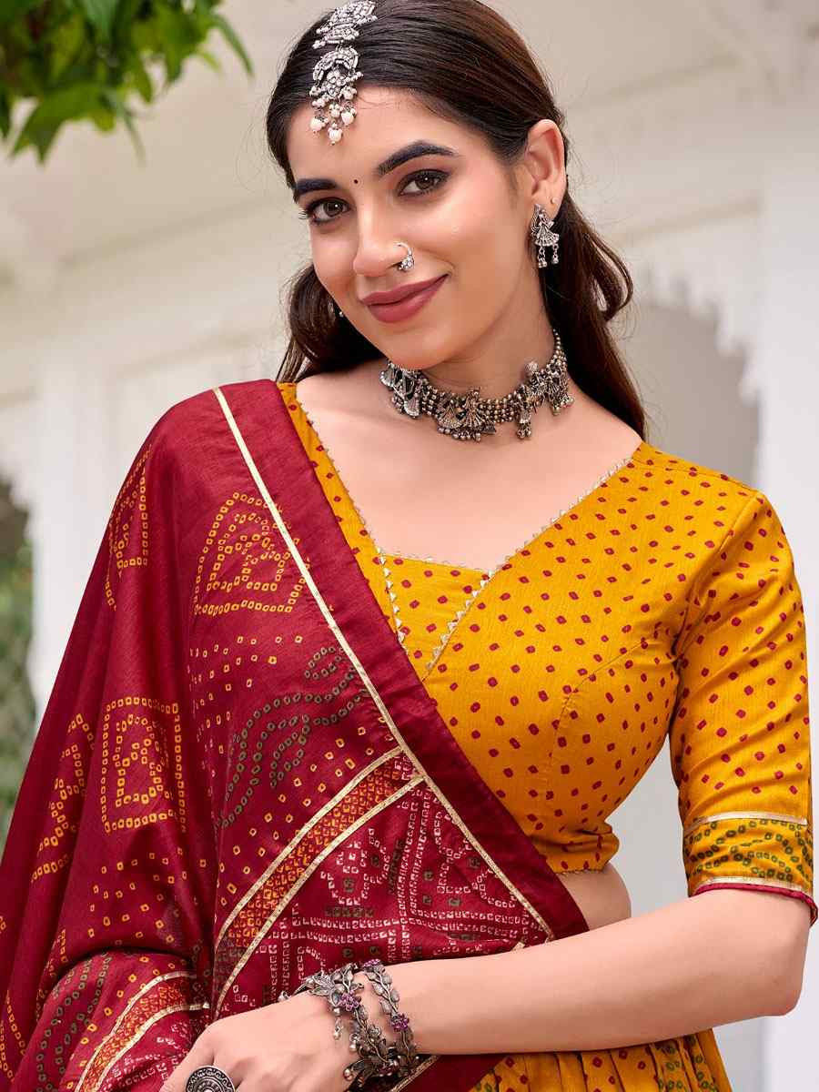 Yellow Tussar Silk Bhandej Printed Handwoven Festival Wedding Party Reception Heavy Border Lehenga Choli