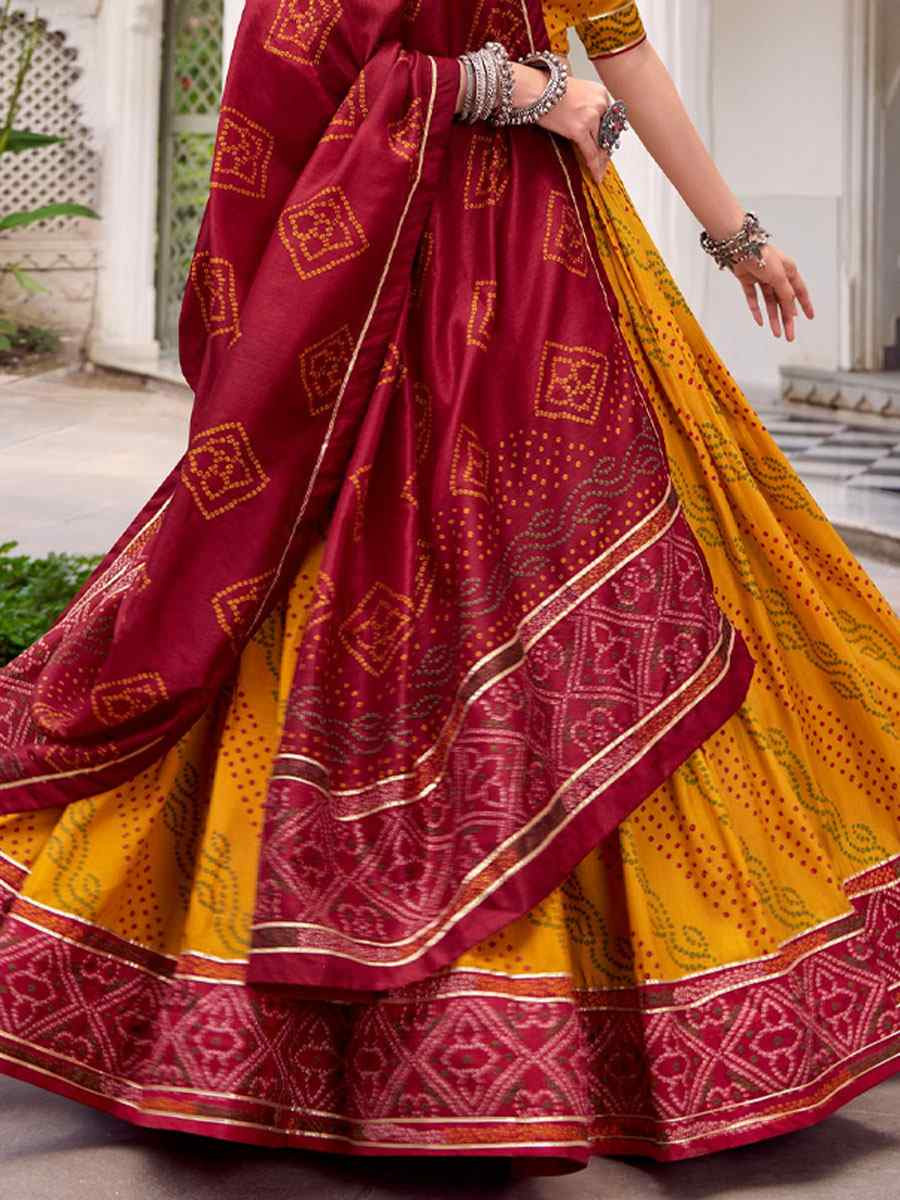 Yellow Tussar Silk Bhandej Printed Handwoven Festival Wedding Party Reception Heavy Border Lehenga Choli