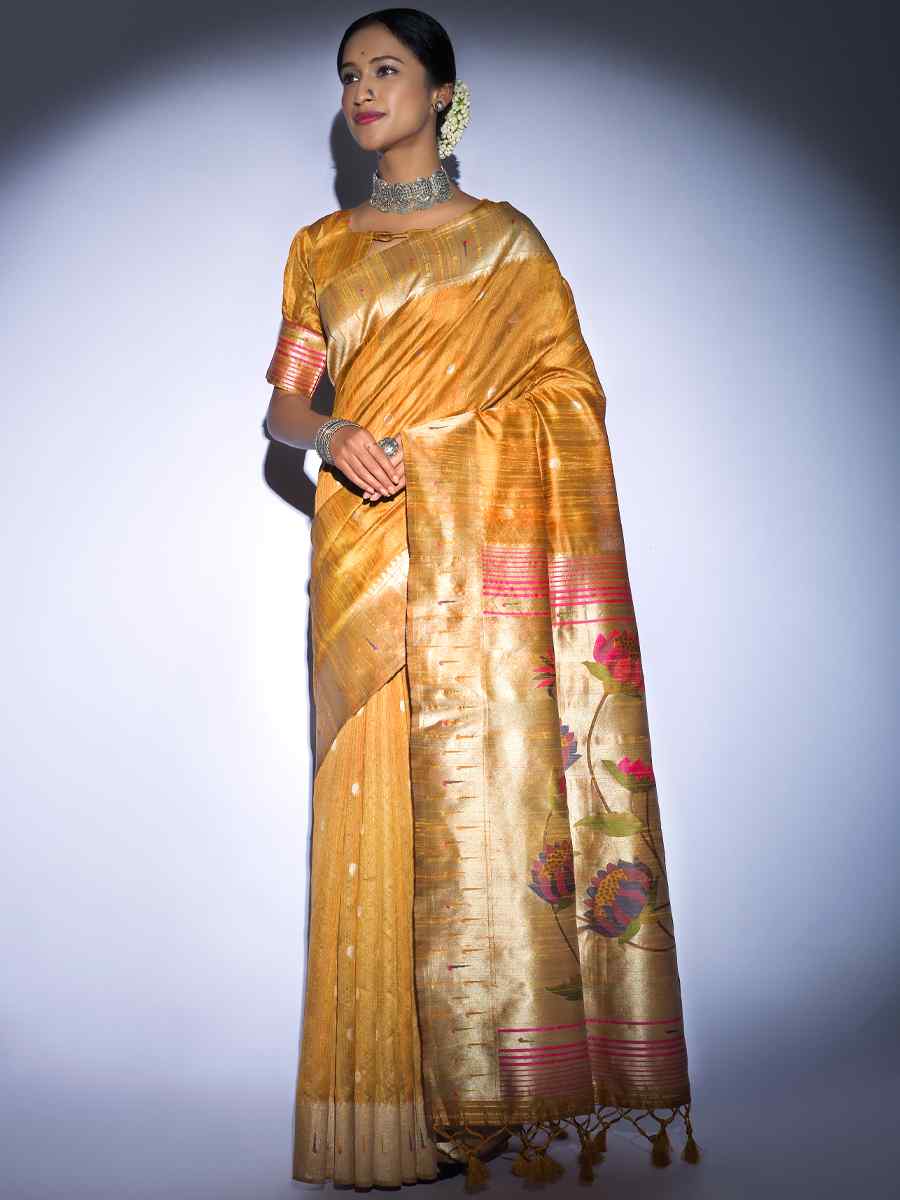 Yellow Tussar Silk Handwoven Wedding Festival Heavy Border Saree
